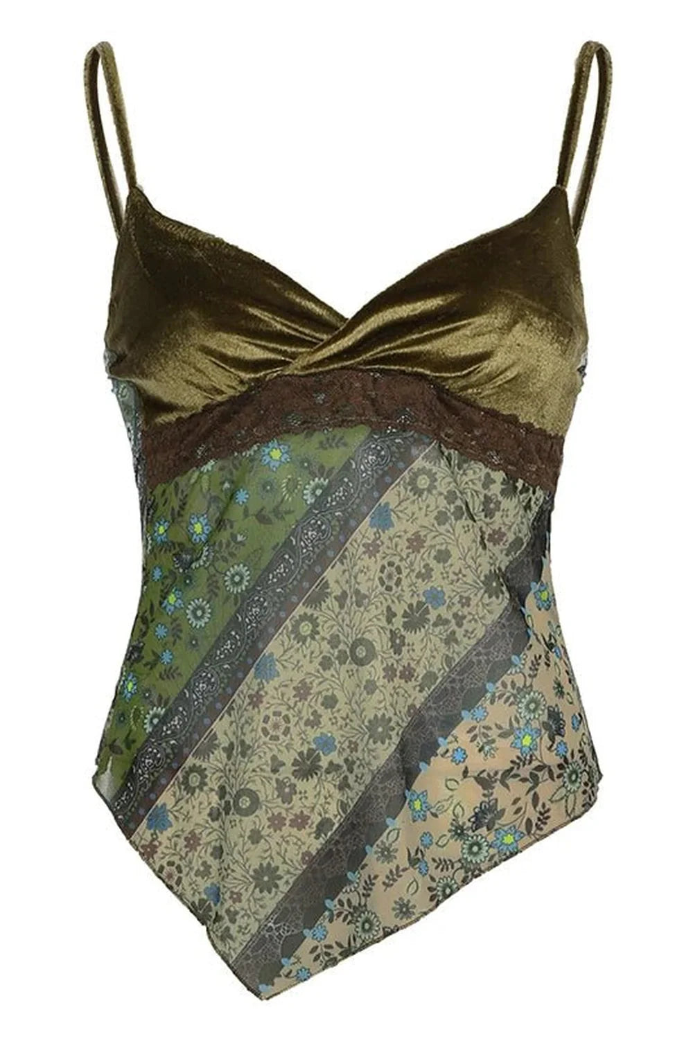 Grunge Floral Asymmetrical Cami Top in Green.