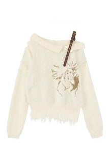 Beige Fall Grunge Off-Shoulder Sweater: Edgy Style.