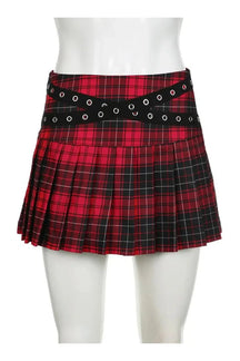 Red Grunge Plaid Eyelet Mini Skirt with Straps.