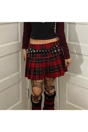 Grunge Plaid Eyelet Strap Mini Skirt