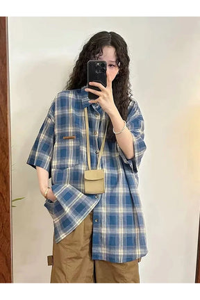 Blue Grunge Plaid Shirt, casual style.