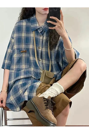 Blue Grunge Plaid Shirt, casual style.