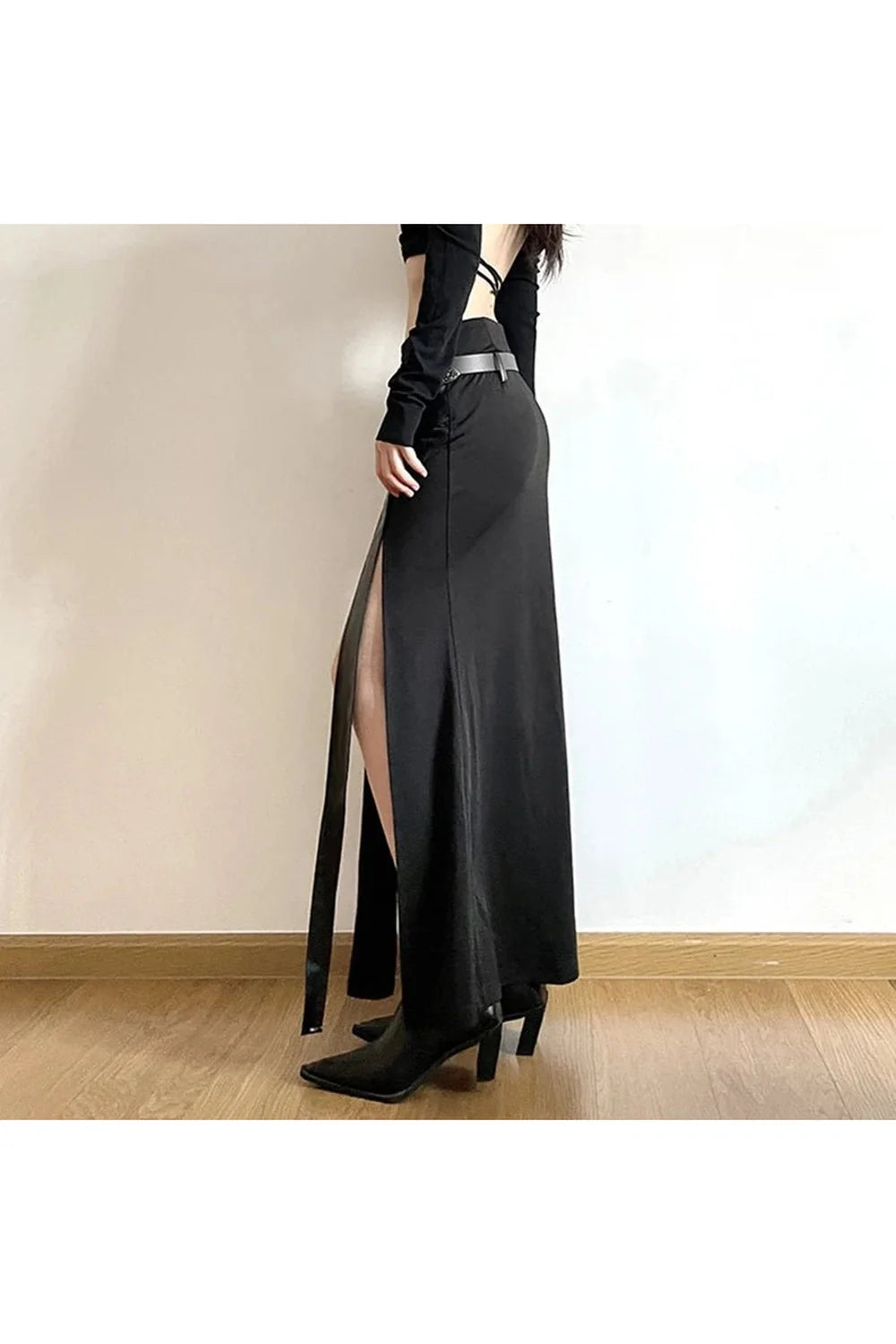 Black grunge punk long skirt, irregular design.