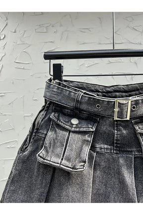 Blue Grunge Denim Skirt with Utility Pockets.