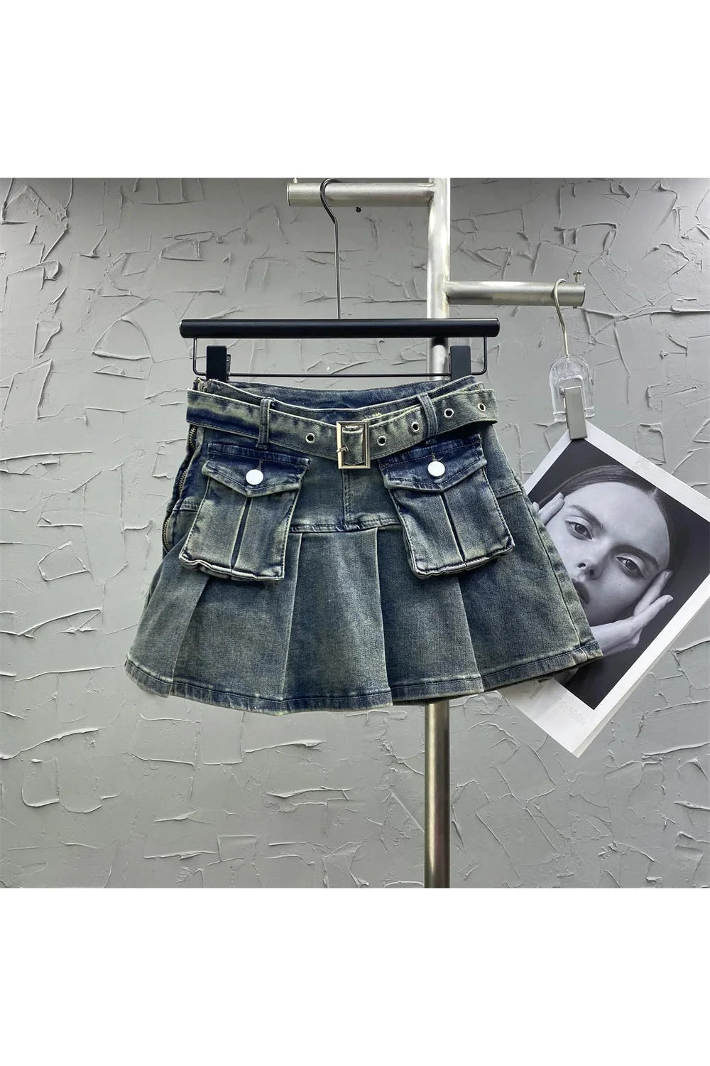 Blue Grunge Denim Skirt with Utility Pockets.