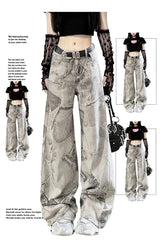 Grunge Washed Graffiti Wide-Leg Jeans in Grey, edgy.