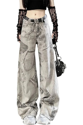 Grunge Washed Graffiti Wide-Leg Jeans