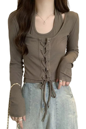 Khaki Halter Bandage Slim Top exudes elegance.