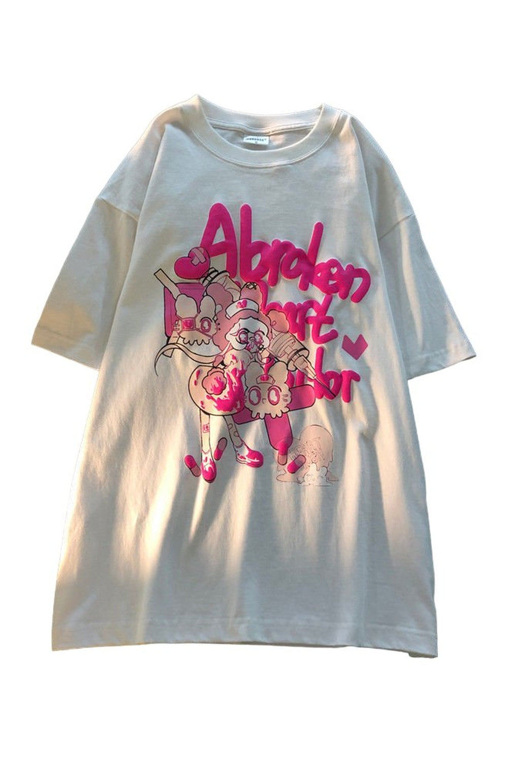 White Harajuku Anime Graphic T-shirt featuring vibrant design.