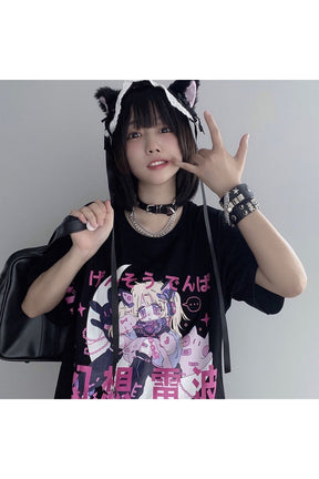 Black Harajuku Anime Print Tee with vibrant graphics.