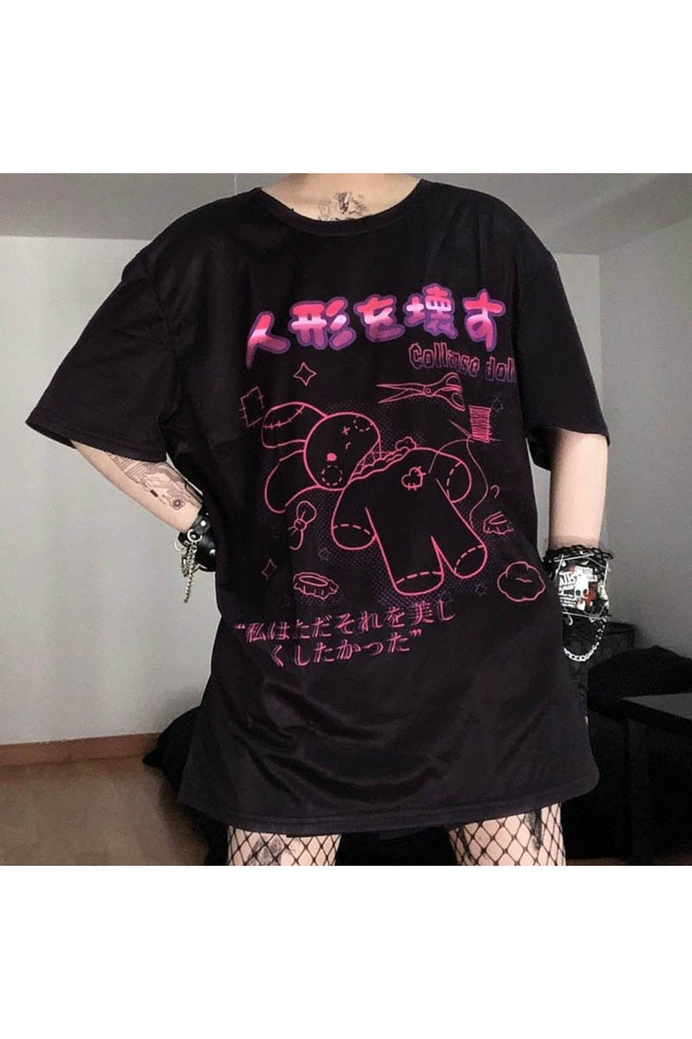 Harajuku Bunny Print T-shirt in Black, playful design.