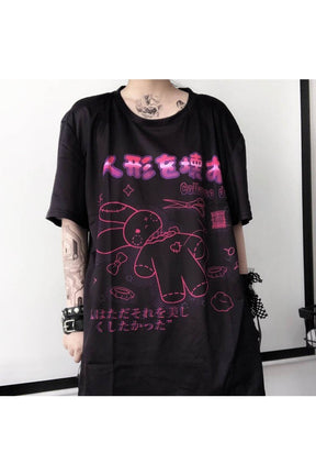 Harajuku Bunny Print T-shirt in Black, playful design.