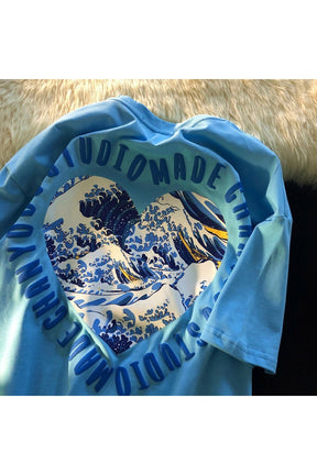 Blue Harajuku Snow Mountain T-Shirt featuring snowy landscape.