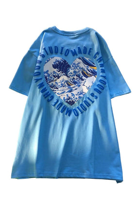 Blue Harajuku Snow Mountain T-Shirt featuring snowy landscape.