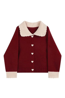 Fall Heart Button Contrast Collar Cardigan