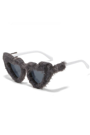 Heart-Shaped Plush Sunglasses in Gray Black, trendy.