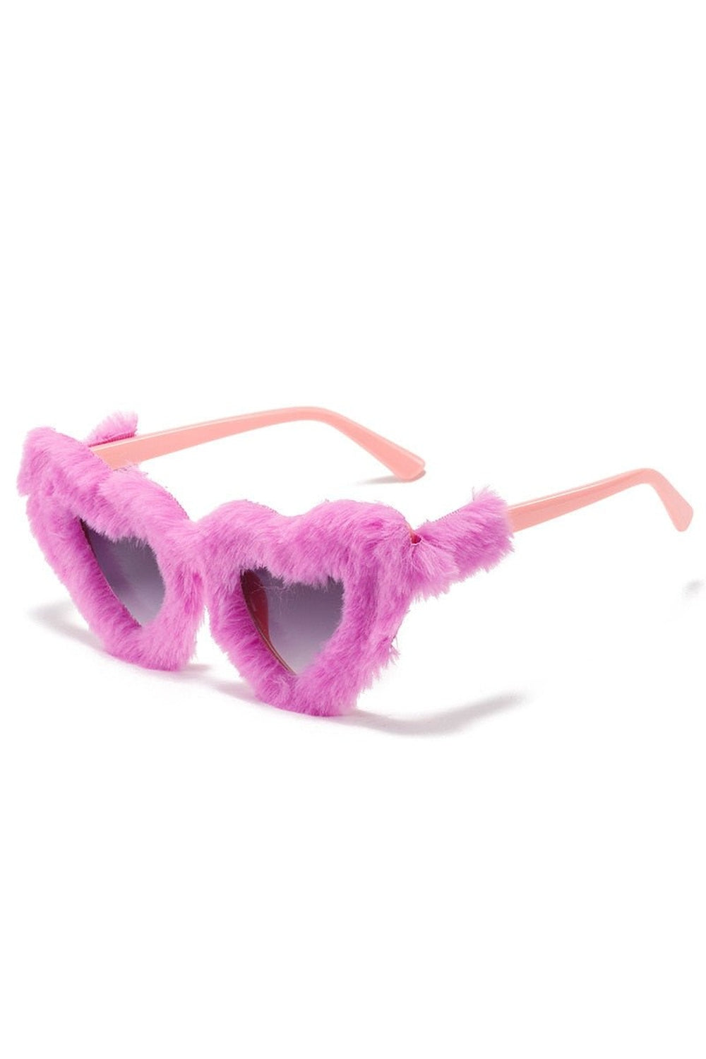 Heart-shaped plush sunglasses in charming purple-gray color.