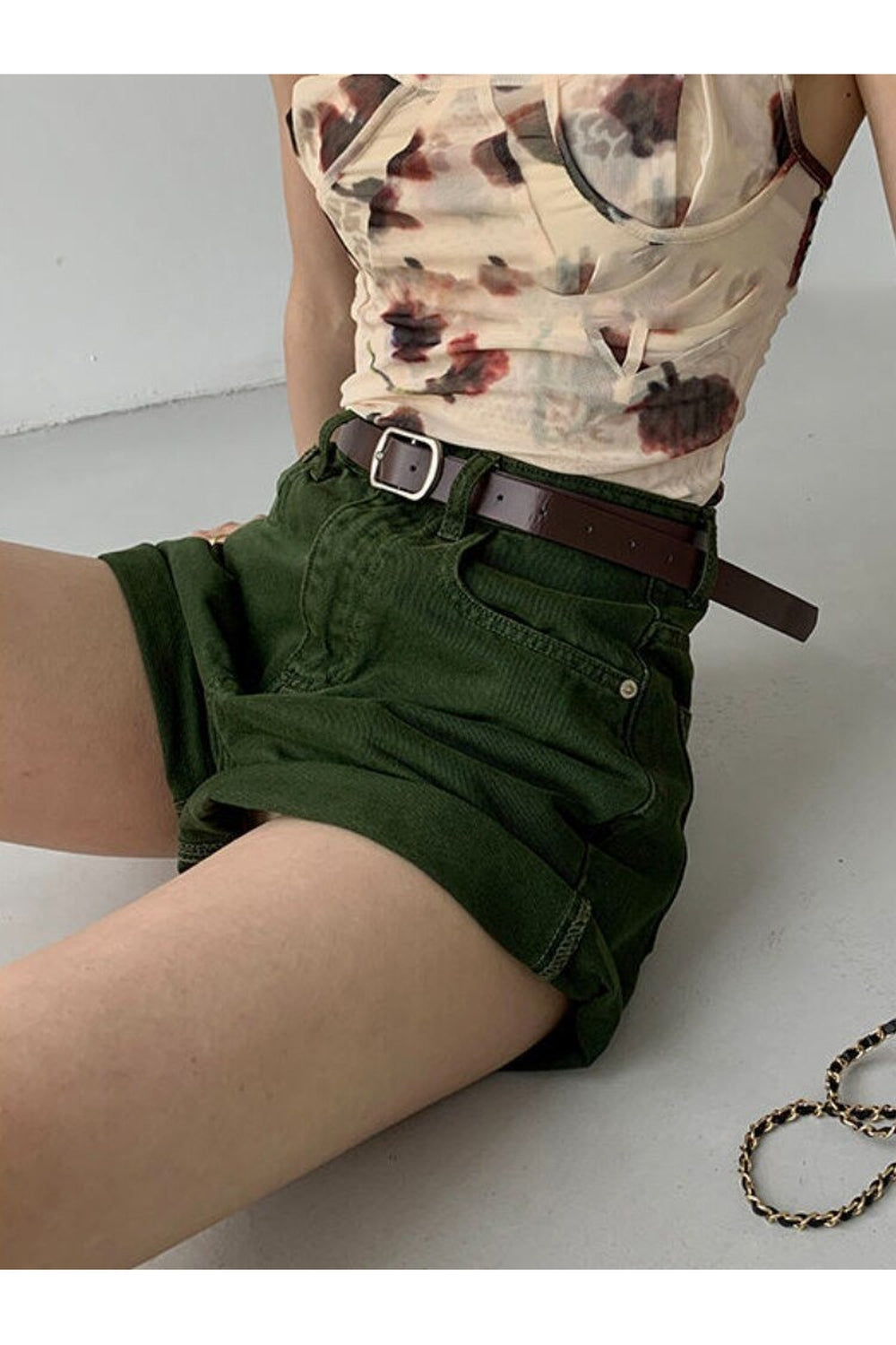 High Waist Green Denim Shorts, No Belt.