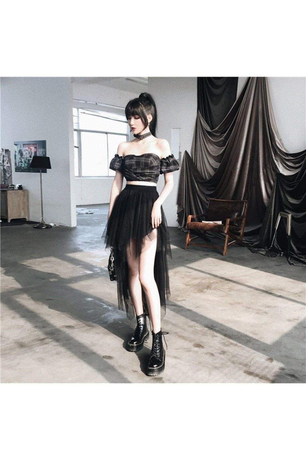 High Waist Goth Mesh Skirt