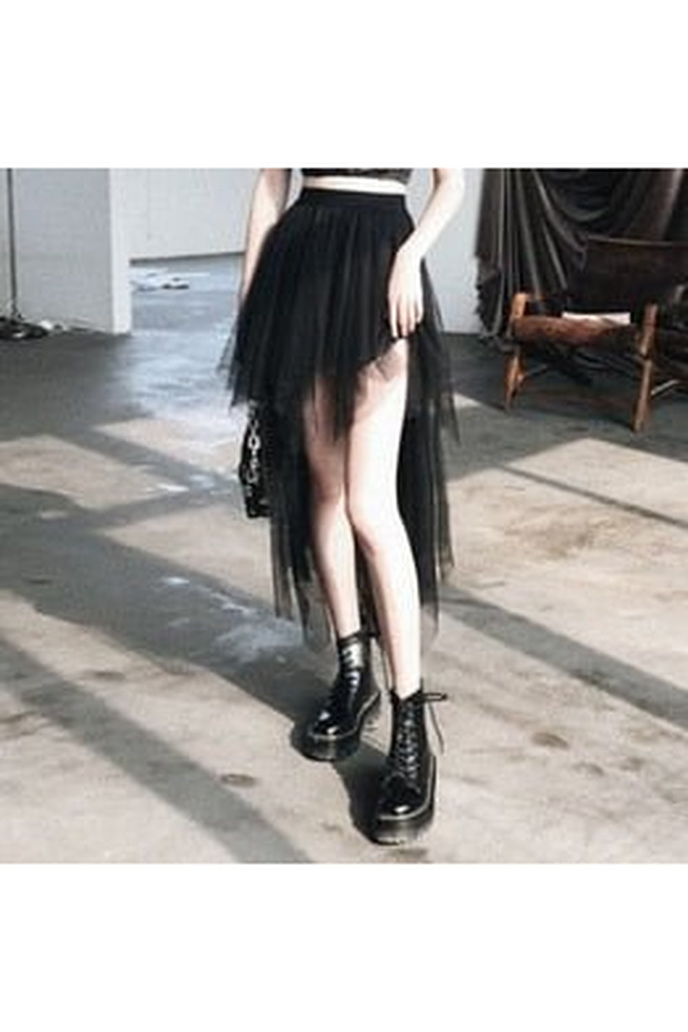 High Waist Goth Mesh Skirt in black lace.