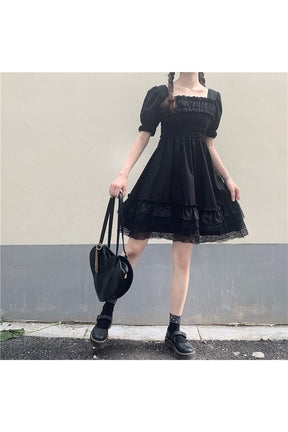 Elegant High Waist Gothic Dress with Short Sleeve.