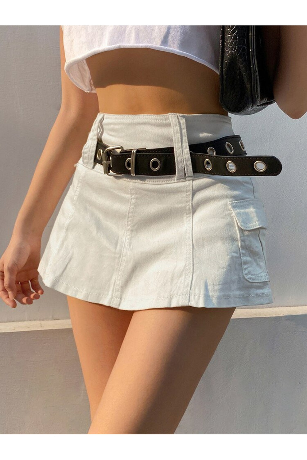 High Waist Mini Skirt, no belt option, stylish.