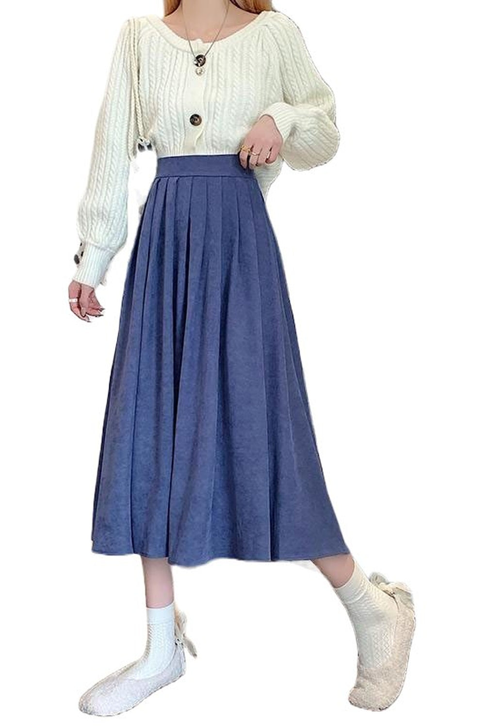 Blue High Waist Pleated Skirt for College Chic.