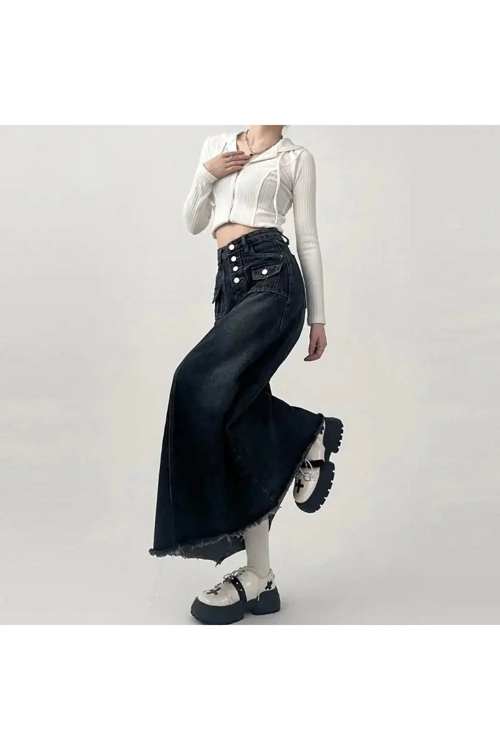 High-Waisted Cargo Denim Midi Skirt