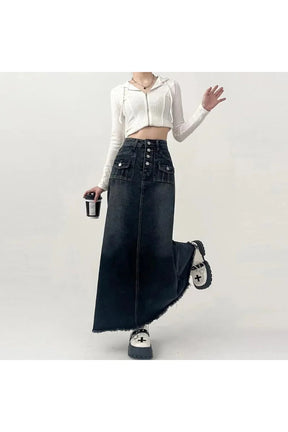 High-Waisted Cargo Denim Midi Skirt