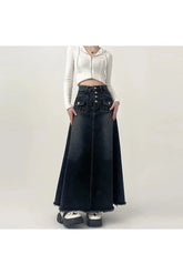 Stylish High-Waisted Cargo Denim Midi Skirt in retro grey.