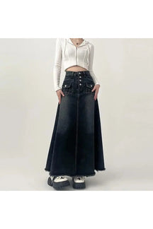 Stylish High-Waisted Cargo Denim Midi Skirt in retro grey.