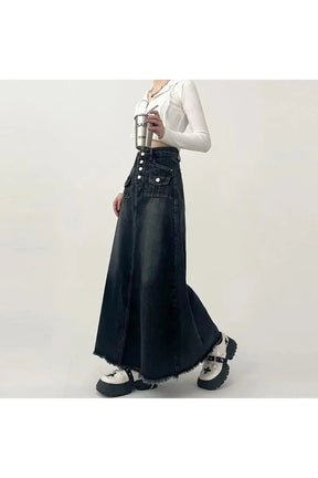 High-Waisted Cargo Denim Midi Skirt