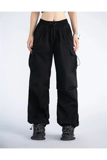 Black Fall High-Waisted Utility Track Pants for women.