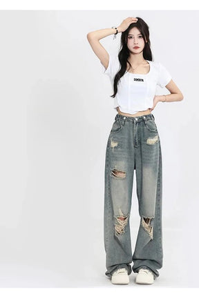 Fall Hole-punched High Waist Jeans