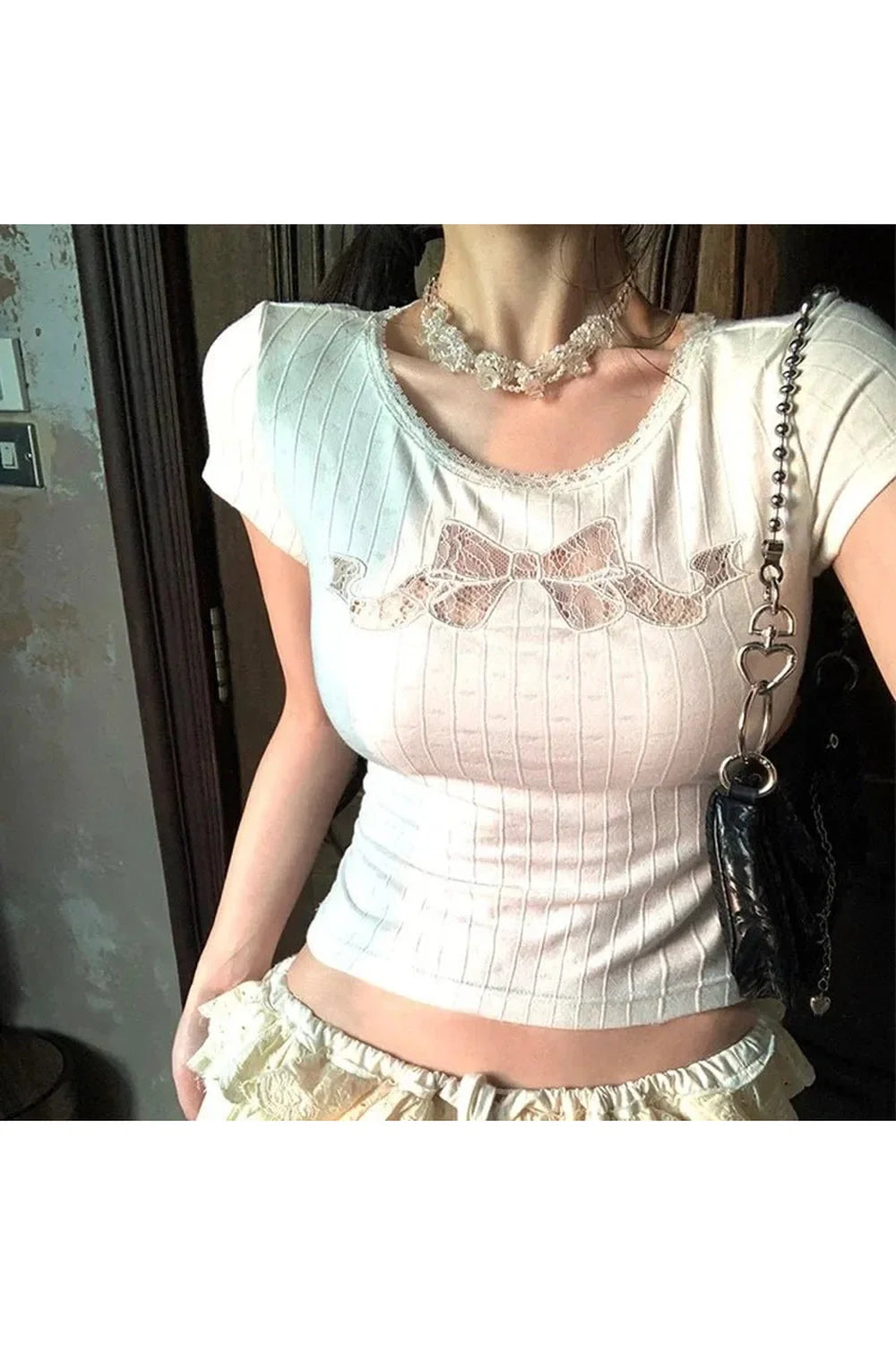 Stylish Beige White Hollow Out Cotton Top.