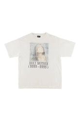 Graphic tee with Holy Mother design in white.