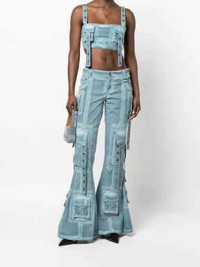 Blue Hybrid Harness Split Jeans with edgy design.