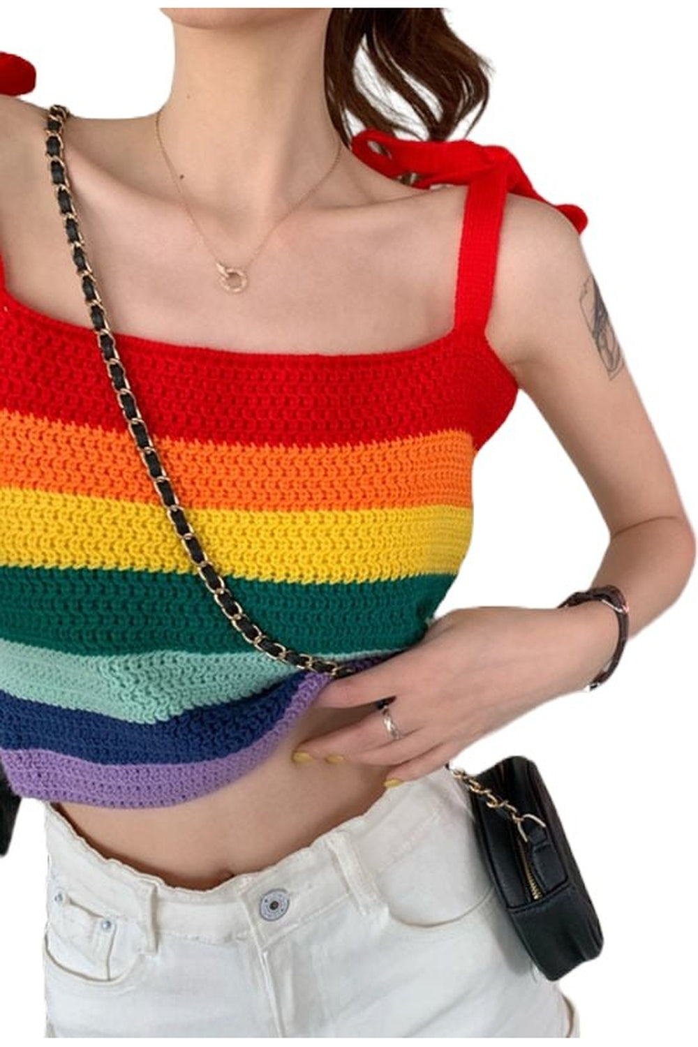 Colorful Indie Rainbow Stripe Crop Top, Default Title.