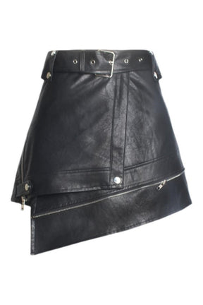 Black Irregular Leather A-line Skirt with edgy design.