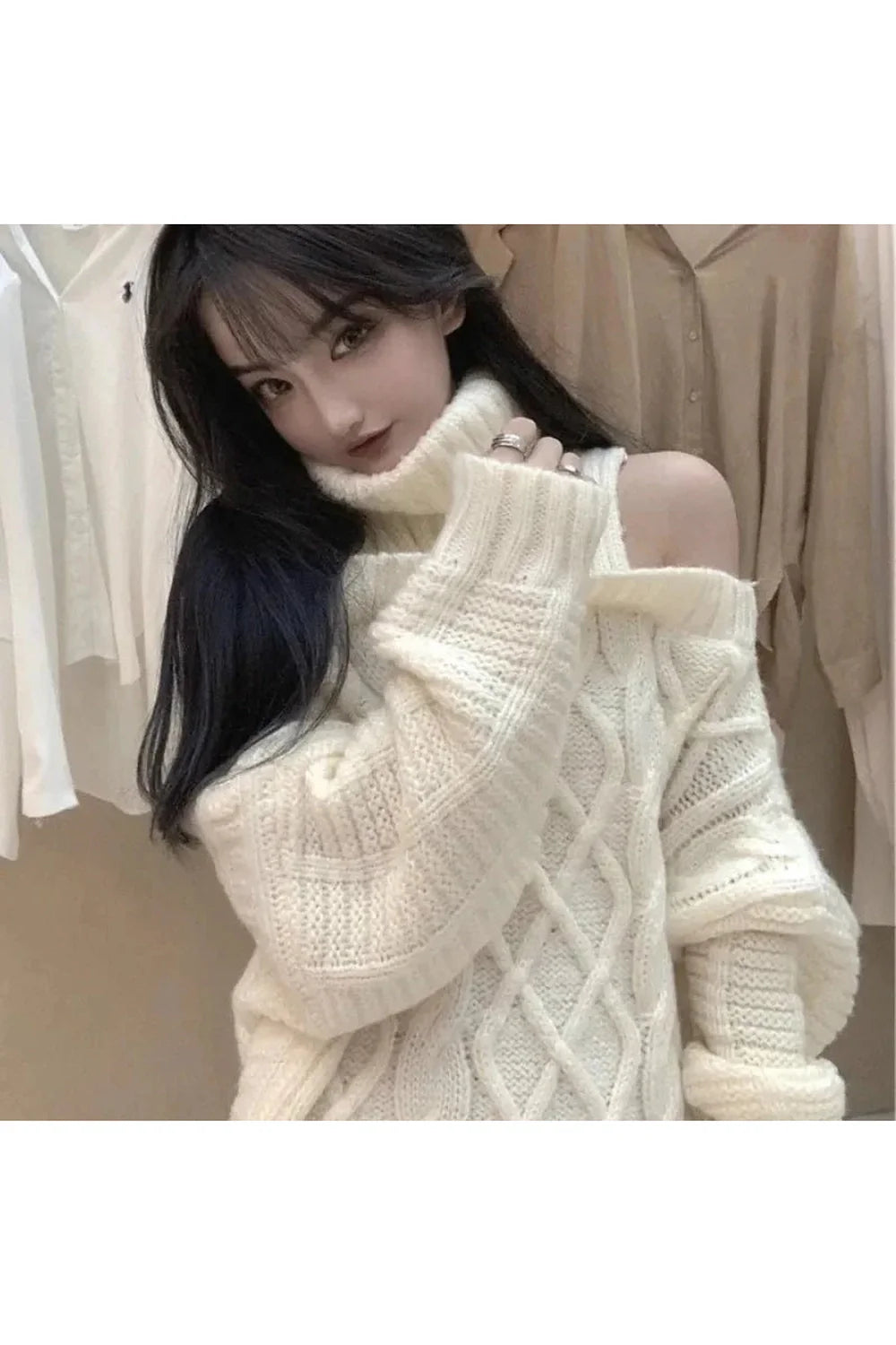 Fall Ivory Cable Knit Cold Shoulder Sweater