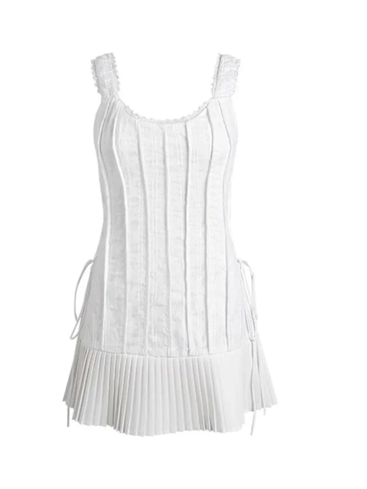 Elegant White Ivory Pleated Corset Mini Dress.