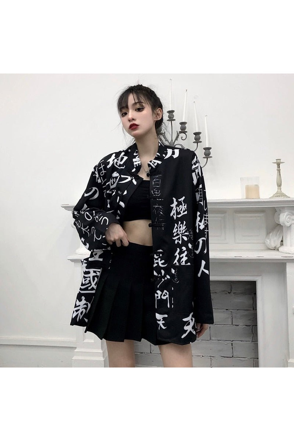 Black Japanese Kimono Style Shirt: Elegant and stylish.