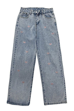 Fall Jeans Vintage Heart Shaped Embroidery