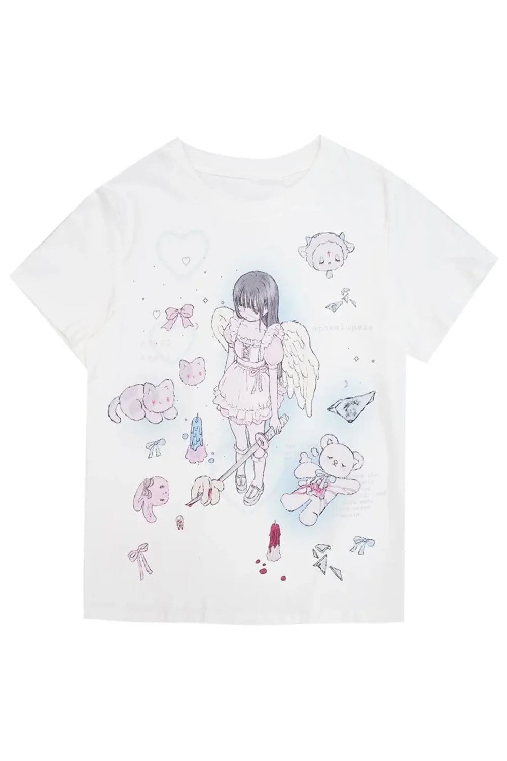 Kawaii Angel Print T-Shirt in White, adorable design.