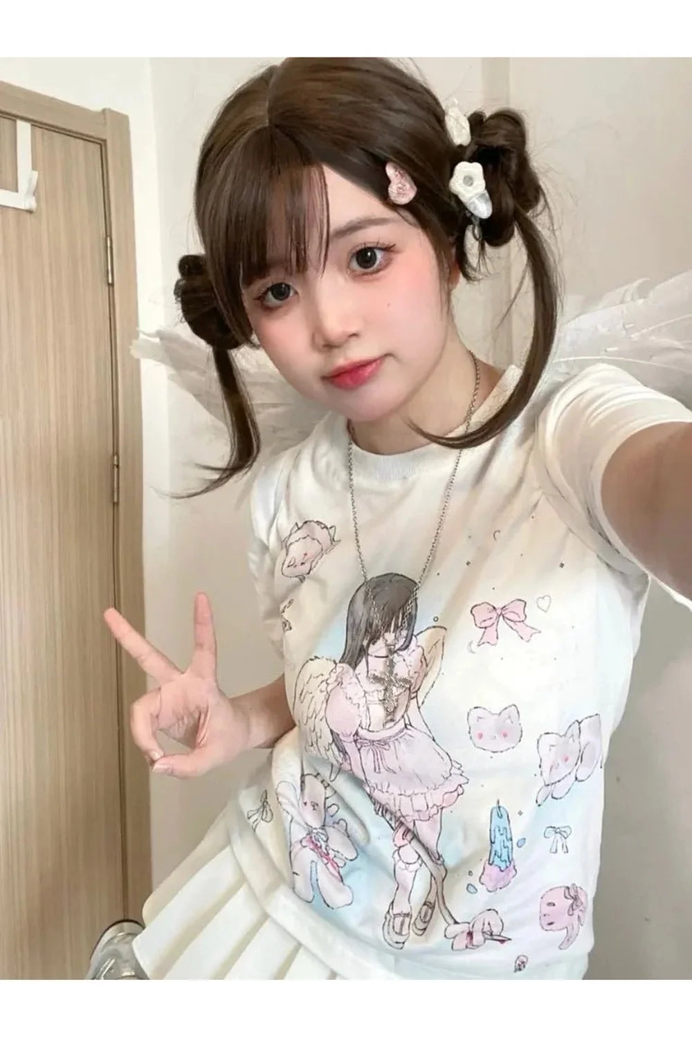 Kawaii Angel Print T-Shirt in White, adorable design.