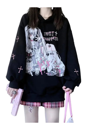 Cozy black anime hoodie with kawaii design.