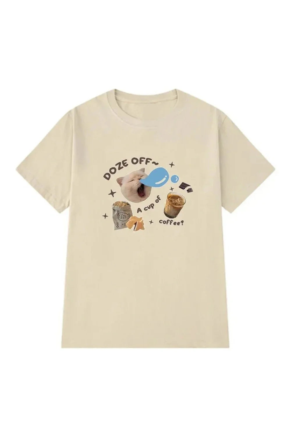 Cute "Kawaii Cat" Graphic Tee in Khaki.