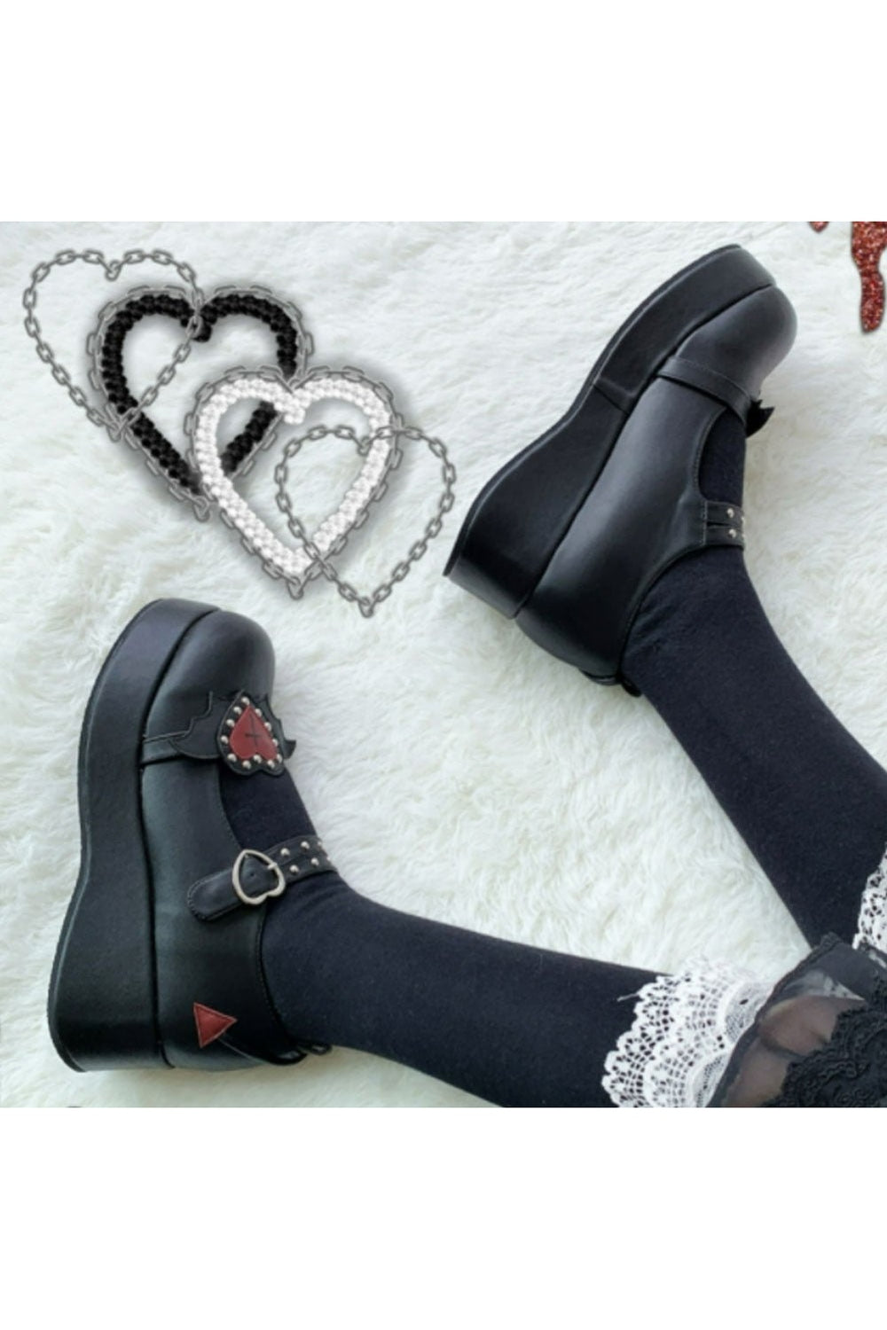 Kawaii Cute Heart Platform Shoes in black, charming design.