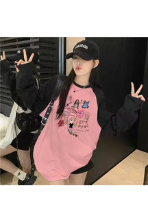 Cute Kawaii Doodle Long Sleeve T-shirt in Black.