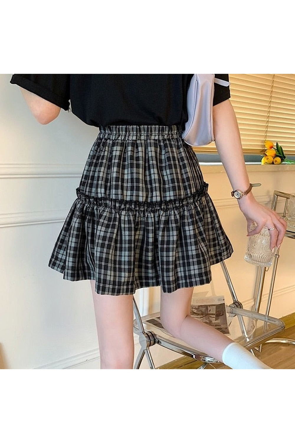 "Adorable Kawaii Japanese Style Black Plaid Skirt."